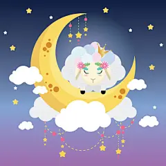 夜空中的可爱羊宝宝卡通插画