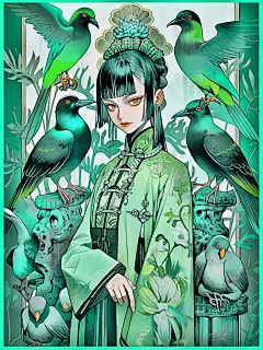 中式花鸟|国潮&amp;国风插画|古风女孩