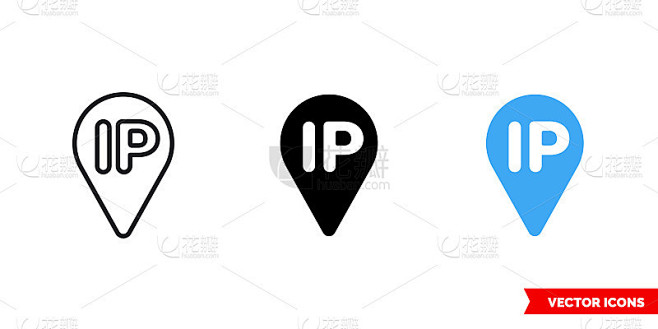 3种类型的IP图标，彩色，黑白，轮廓。孤立向量符号符号