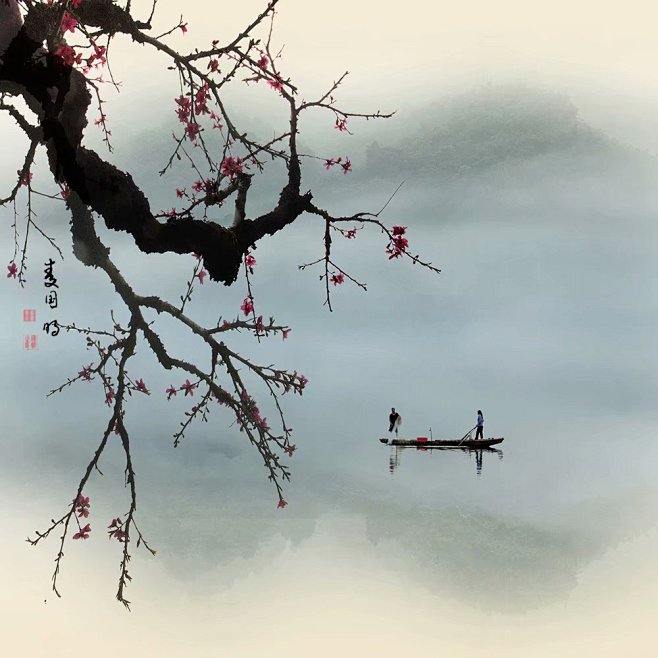 淡远秋空飘着一抹白云澄澈江水上荡着一叶小舟无垠原野挺立着一棵老树