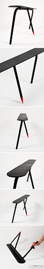 三条腿桌子——年轻设计师 Frederic Julian Julian Rätsch 希望用最少的材料来实现同样的功用，并且显得“够酷”。于是就有了这样只用三条腿支撑的桌子，看起来也挺稳固的。在足够简洁的同时，也让桌子方便移动和布置到不同的环境，至于桌腿上的一点红色，那也是设计师非常得意的小细节呢。