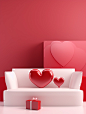 Three hearts in red boxes sit on a red sofa, in the style of minimalistic abstract compositions, 3d, light white and pink, multilayered surfaces, commercial imagery, clean and simple designs, layered surfaces