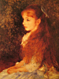 《康达维斯小姐的画像》
雷诺阿1880年作品。画中为一位银行家的女儿，她含羞带笑，纯真优雅，正是雷诺阿善于描绘的那种美好。他从来都是避免在作品中表现令人不安的东西，即使在他生活极度困难、年老多病的时候，仍一如既往地歌颂着世上一切的快乐与幸福。