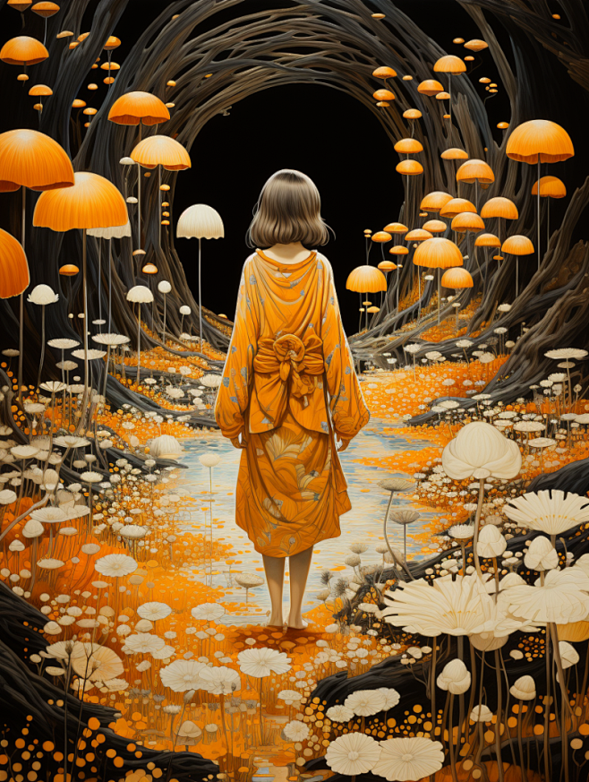 富有想象力的奇幻风景插画海报金黄色蘑菇