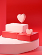 Three hearts in red boxes sit on a red sofa, in the style of minimalistic abstract compositions, 3d, light white and pink, multilayered surfaces, commercial imagery, clean and simple designs, layered surfaces