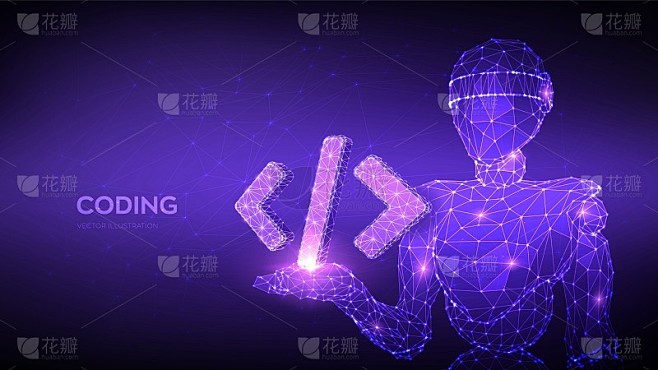 Programming code icon. Abstract 3d robot holding p