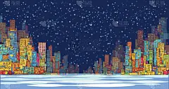 城市天际线全景，晚上冬季雪景，携手绘制城市景观，矢量绘图建筑图