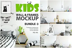 儿童房室内家居墙面艺术装饰画贴画壁纸展示效果图VI智能贴图PS样机素材 KIDS WALL &amp; FRAMES Mockup Bundle - 3 - 南岸设计网 nananps.com
