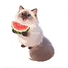 手绘插画可爱猫咪吃西瓜高清模板免费下载-趣麦麦图