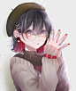 Anime 2350x2800 anime anime girls painted nails hat dark hair glasses