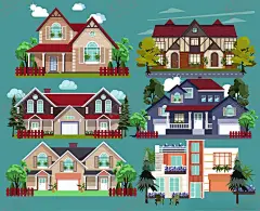 多样风格住宅建筑插画 【酷图网】住宅,建筑,插画,风格,房屋,设计,外观,色彩,造型,庭院,门窗,屋顶,装饰,绿植,景观
