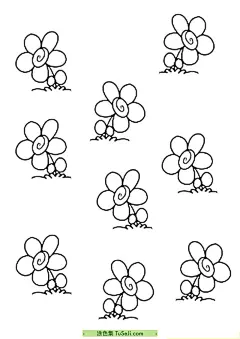 如何画很多鲜花？10张漂亮的小花丛卡通涂色简笔画 | 涂色集，涂色画打印大图 : 下面是一些简单的步骤来帮助初学者画花朵：准备绘画工具：铅笔、纸和橡皮擦都是必备的。轻轻地用铅笔画一个圆形来代表花朵的中心。然后画出花朵的花瓣。你可以选择画三个或者更多个花瓣。为了让花朵看起来更真实，你可以给花瓣加上一些细节，比如在边缘处画上 如何画很多鲜花？10张漂亮的小花丛卡通涂色简笔画