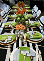 Fresh & Sophisticated Dinner Party {Black, White & Gold} Use a striped table runner or boldly striped gift wrap as a runner.