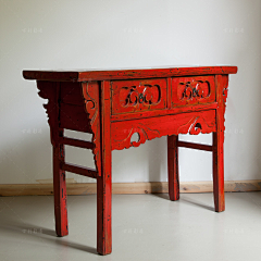 古朴彩漆家具采集到古朴彩漆中式玄关台红色做旧雕花焖柜