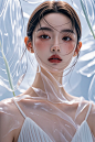 拍摄，美丽的全身模特，朦胧感，站在高大“透明”的玻璃花瓣间，高级感，面部细节完美，人物细节精致，浅色飘逸的服装，人像特写，大光圈，细腻的光泽，8K渐变半透明玻璃 (2)