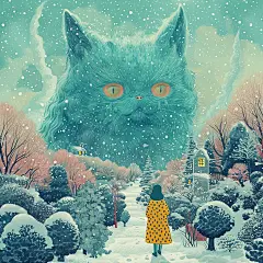 猫生活插画，抽象巨猫，异想天开的海报