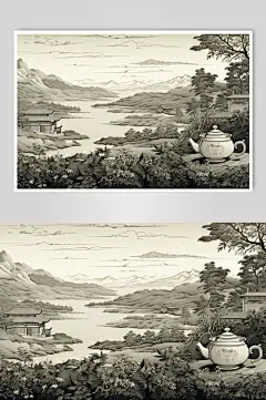 AI数字艺术复古铜版画茶园茶叶插画-众图网