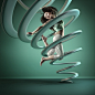 MOTION IN AIR : This series of images freezes a moment of time in each dancer's aerial maneuver, and turns their movements into static sculptures that represents their motion and style. Original shots were stock photography and stylized to fit within the