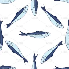 蓝色沙丁鱼的图案。无缝地绘制一个手绘草图的小沙丁鱼，蓝灰色与蓝色的轮廓，侧视图，随机安排的海鲜在白色