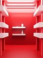 a large corner red / room with lighted shelves and a cabinet, in the style of rendered in cinema4d, surreal animation, abstract minimalism appreciator, orderly symmetry, light red and white, energy-filled illustrations, advertisement inspired