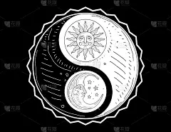 手绘阴阳符号，太阳和月亮与脸单色矢量插图