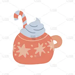 热巧克力加圣诞拐杖糖和鲜奶油在红色可爱的杯子里，上面有雪花或星星。矢量平面手绘插图。只有5种颜色-容