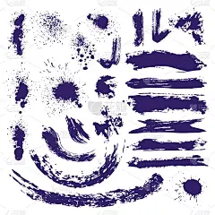水墨画笔刷飞溅，笔触墨渍收集。抽象孤立的流体艺术元素为grunge设计风格的白色背景。矢量创建模板符