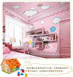儿童房卡通壁纸粉色公主房女孩卧室背景墙纸hellokitty凯蒂猫壁画-淘宝@北坤人素材
