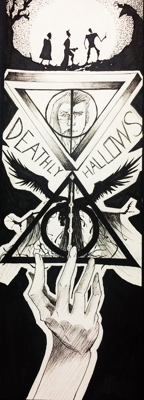 哈利波特死亡圣器ggad黑白手绘插画