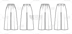 一套裤子capri技术时尚插图正常低腰，高上升，单褶，小腿长，宽腿
