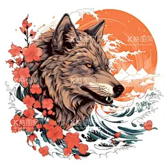 浮世绘风格狼纹身图  - 源文件下载【酷图网】浮世绘,插画,狼,绘画,纹身,美术,壁纸,创意狼,狼元素,绘画元素