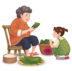 温馨邻居老人端午包粽子端午节人物插画