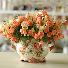 欧式假花仿真花艺套装 手绘双耳陶瓷花盆 5束法国苞心玫瑰 2色选
