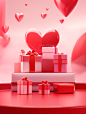 3d happy valentines day card with gifts collection, in the style of minimalist backgrounds, candid atmosphere, tabletop photography, detailed, layered compositions, vibrant stage backdrops, red and pink, daz3d