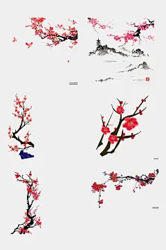 水墨红梅腊梅梅花免抠元素