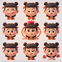表情包，Q版画风，萌系，简约风，一个魔童哪吒图片，额头中间有一朵统一样式的红莲花印，黑眼圈，可爱画风，动画人物设计，迪斯尼角色风格，开心，愤怒，悲伤，惊讶，疑 (9)