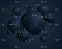 抽象的黑色和黄色点球矢量背景，组成飞行球装饰点，3D混合球