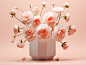 Pink flowers in a white vase on a light pink background, in the style of mike campau, realistic yet stylized, packed with hidden details, light orange and beige, rtx on, fragmented advertising, soft, romantic scenes