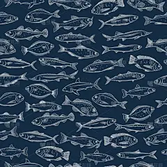 鱼无缝图案。背景与海鲜罗非鱼，海洋栖木，沙丁鱼，凤尾鱼，鲈鱼，多拉多等