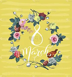 3月8日。国际妇女节贺卡。书法文字周围的玫瑰花束和鸟的黄色背景条纹。矢量插图明信片，邀请