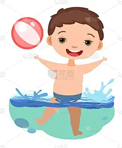 男孩玩得很开心。波浪的水，河，海或海洋。游泳、跳水和水上运动。池。孤立在白色背景上。漫画风格的插图。