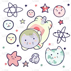 儿童,组物体,白色背景,式样,猫,可爱,线条画,概念,分离着色,宇航员