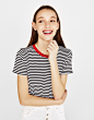 Bershka女士 2018夏装新款短袖 黑白条纹短款打底T恤02594443810-tmall.com天猫