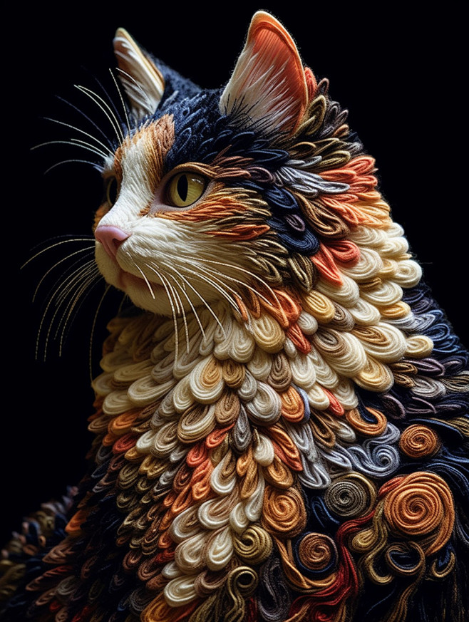 3D刺绣印花猫Midjourney关键词