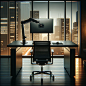 A contemporary office environment during the evening, with the back side of a monitor arm holding a monitor on a minimalist desk, without an office chair. The desk should be positioned in front of large windows that showcase the cityscape with its illumin