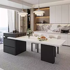 意式极简岩板岛台餐桌家用一体可伸缩小户型亚克力现代简约中岛台-淘宝网