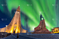 雷克雅未克,北极光,城市,冰岛国,中环,高视角,斯堪的纳维亚半岛,曙暮光,黄昏