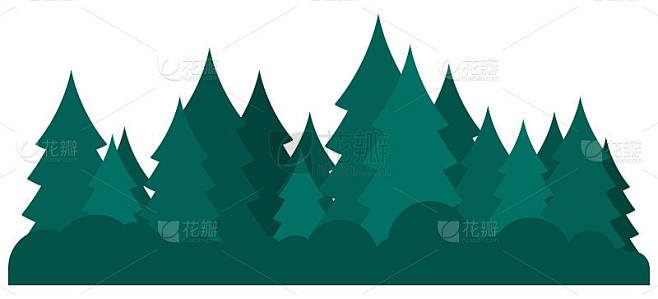 松树林，一套绿色冷杉树在白色的背景。卡通插图。