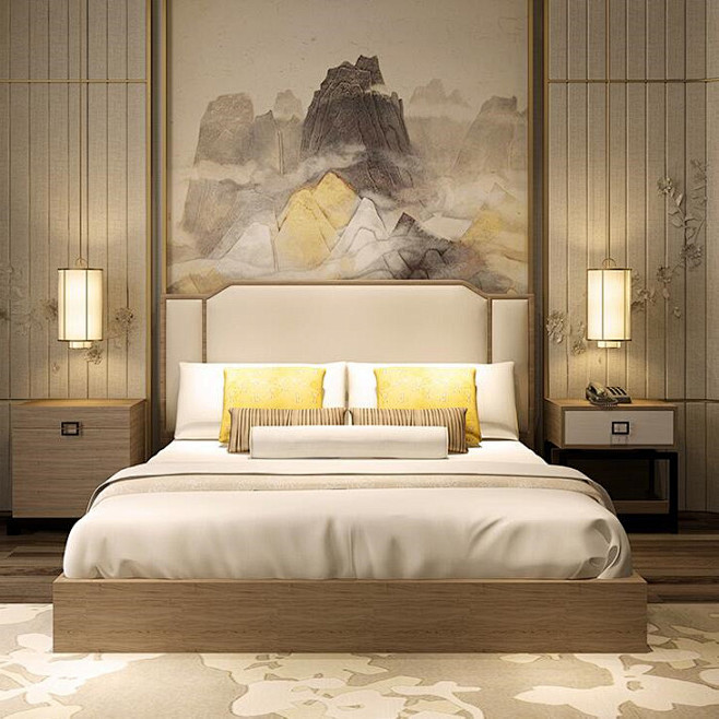 新中式床 现代中式布艺双人床 宾馆样板房...