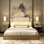 新中式床 现代中式布艺双人床 宾馆样板房客房床 水曲柳实木家具-淘宝网